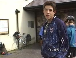 James outside Pen-y-Pass youth hostel, concerned that he has lost one of his possessions